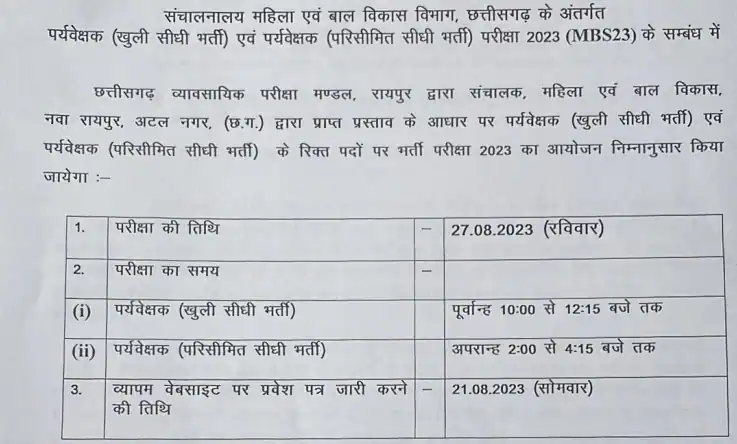 CG Mahila Paryavekshak Exam Date 2023