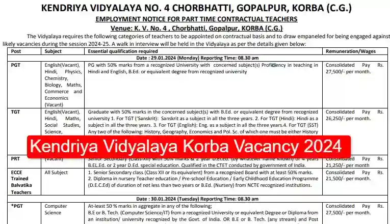 Kendriya Vidyalaya Korba Recruitment 2024